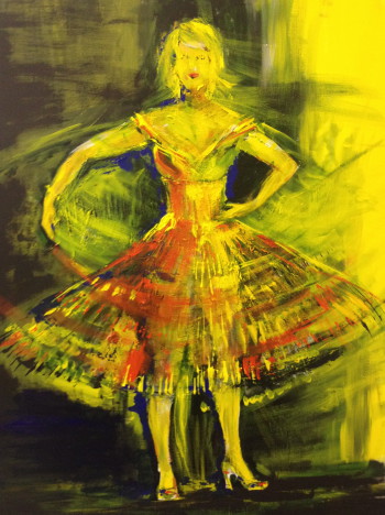 In Acryl auf Leinwand gemaltes Bild mit den Titel Tanzende von Maggie Riet, gemalt im Feburar 2014 mit der Größe 100 mal 70 cm.