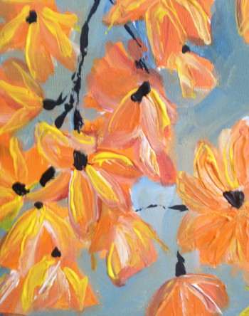 In Acryl auf Leinwand gemaltes Bild mit den Titel Kirschblüten von Maggie Riet, gemalt im Juni 2014 mit der Größe 40 mal 40 cm.