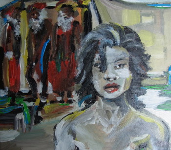 In Acryl auf Leinwand gemaltes Bild mit den Titel Sicher von Maggie Riet, gemalt im Juli 2014 mit der Größe 30 mal 30 cm.